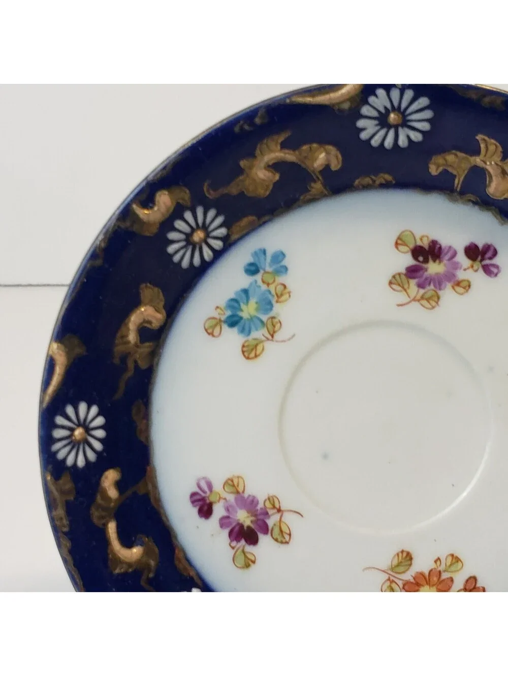 Vintage Porcelain Demitasse Teacup & Saucer  Moriage Cobalt Blue HP Floral Japan